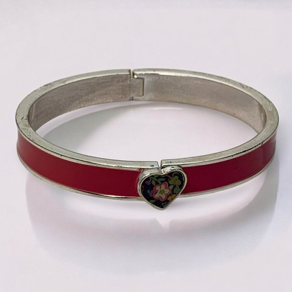 Vera Bradley Hinged Bangle Bracelet With Red Enamel & Heart Floral Clasp OS